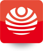 Das Logo von „Jugend musiziert“. Roter Hintergrund mit weißen Streifen, welche sich in der Mitte nach oben biegen und so einen Kreis bilden. Oben in dem Kreis ist dann ein weißer ausgefüllter kleinerer Kreis.