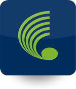 ein blaues Logo mit hellgrüner gedrehter Note