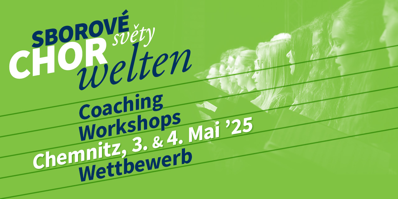 Die genauen Informationen zu den CHORwelten 2025 auf grünem Hintergrund, auf welchem ein Jugendchor singt