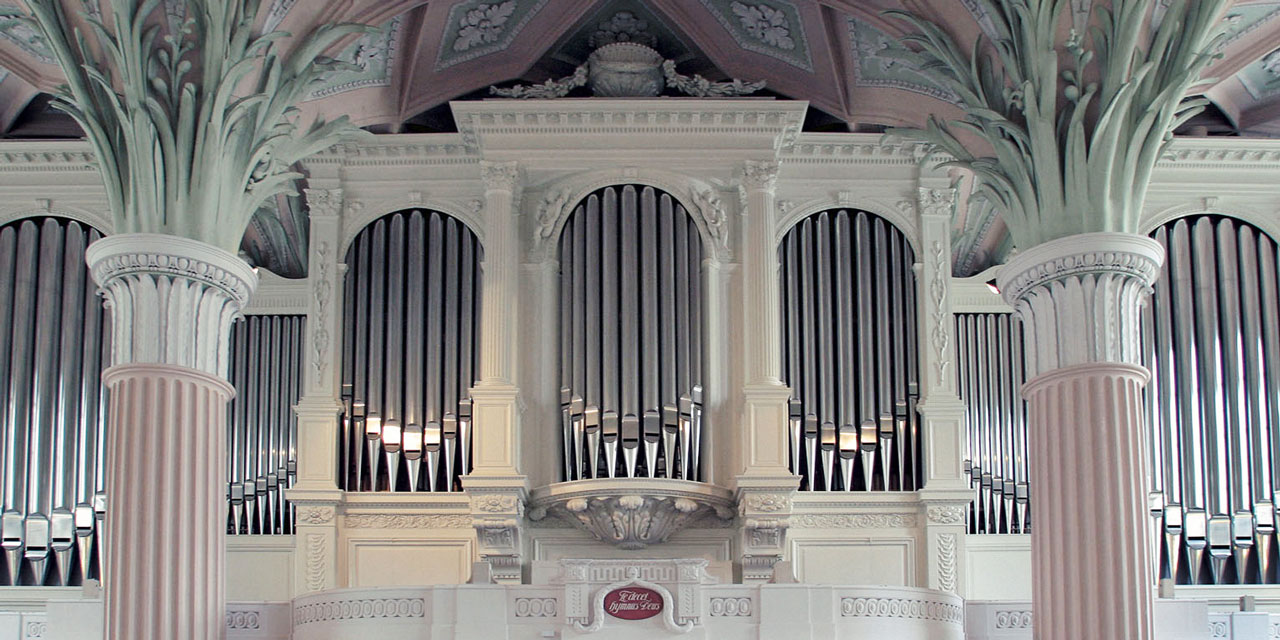 Die Ladegast-Orgel der Nikolaikirche Leipzig befindet sich hinter zwei verzierten Säulen und unter einer blas rot-grünlichen Gewölbedecke. Die Orgel selbst ist weiß und ebenfalls kunstvoll verziert. In der Mitte befinden sich drei durch Säulen getrennte Pfeifengruppen, je rechts und links davon ist eine Ansammlung kleinerer Pfeifen, auf beiden Seiten nach außen hin wieder von einer Gruppe größerer Orgelpfeifen gefolgt. 