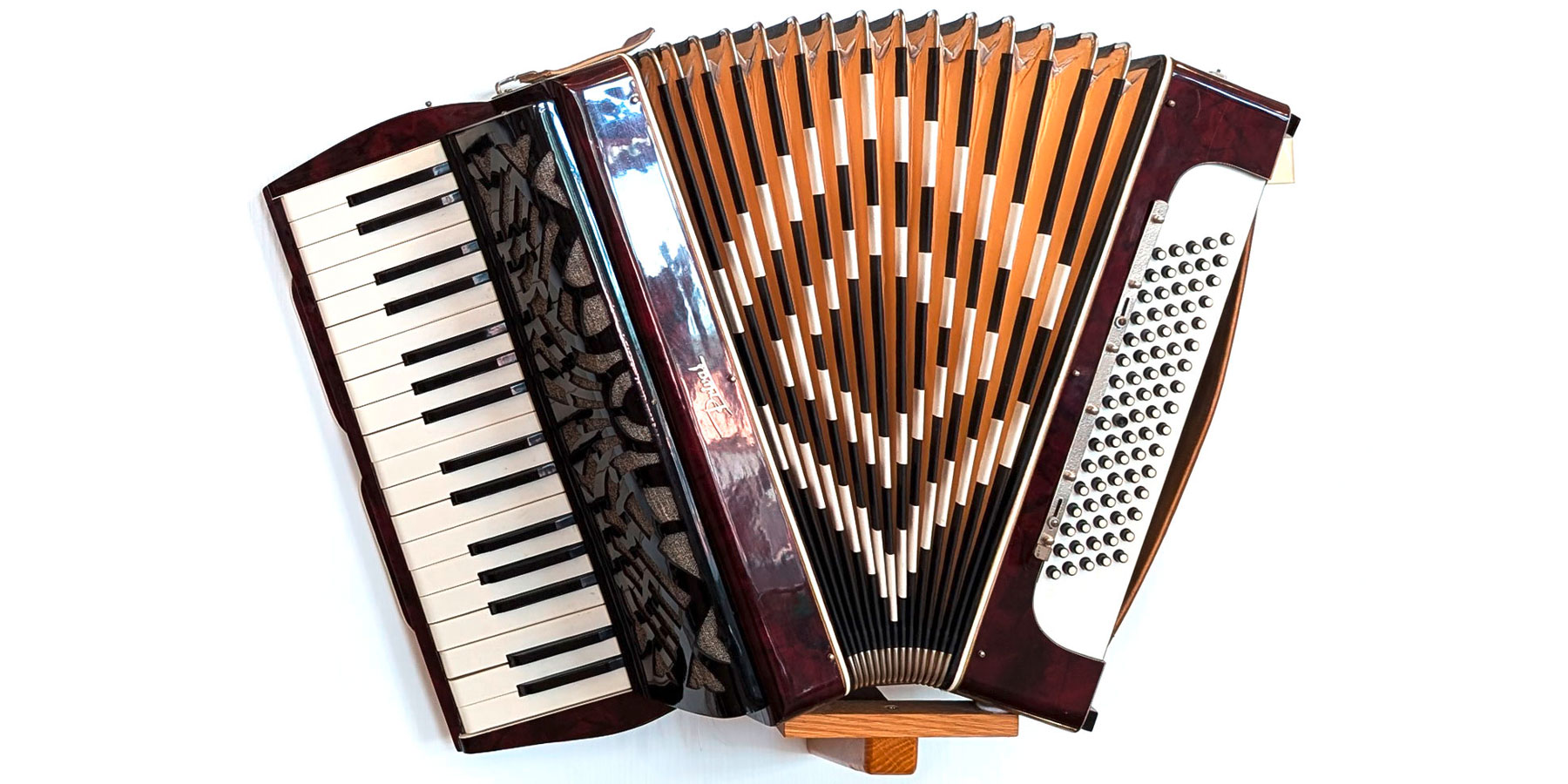 Das Bild zeigt ein halb auseinandergezogenes Akkordeon vor weißem Hintergrund