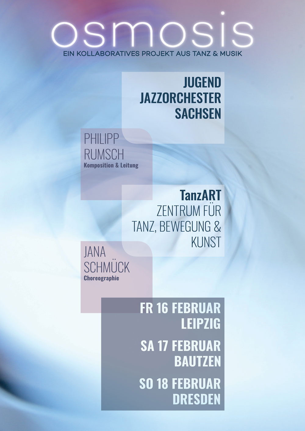 Flyer für das Projekt mit der Aufschrift „osmosis“ und den Daten der Konzerte