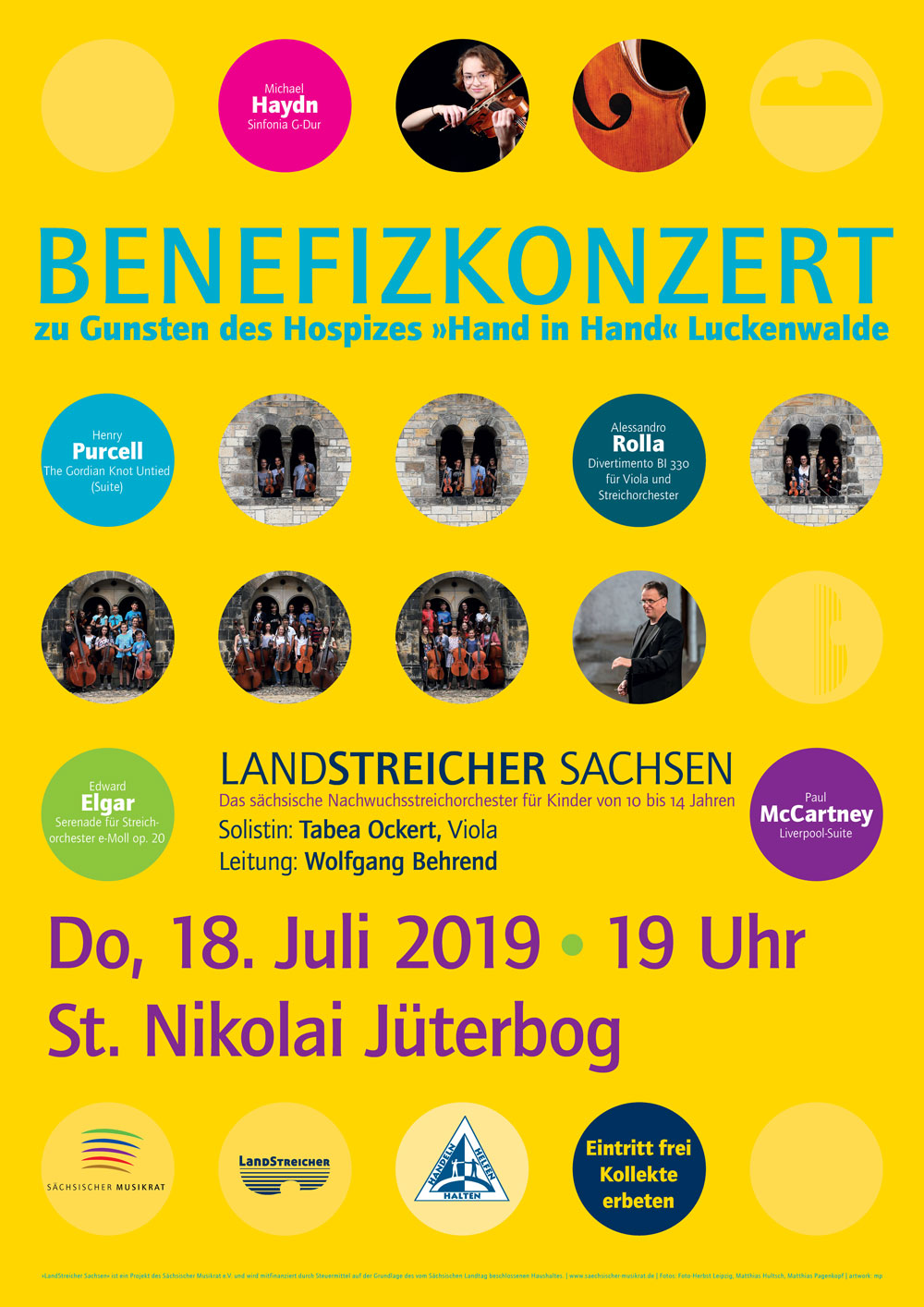 Konzertplakat für das Landstreicher Sachsen 2019 Projekt mit gelben Hintergrund auf dem rund ausgeschnittene Bilder und Kreise mit den entsprechenden Daten und Informationen sind.