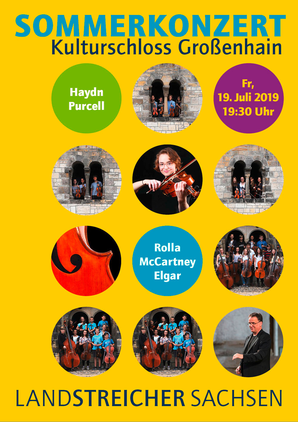 Konzertplakat für das Landstreicher Sachsen 2019 Projekt in Großenhain mit gelben Hintergrund auf dem rund ausgeschnittene Bilder und Kreise mit den entsprechenden Daten und Informationen sind.